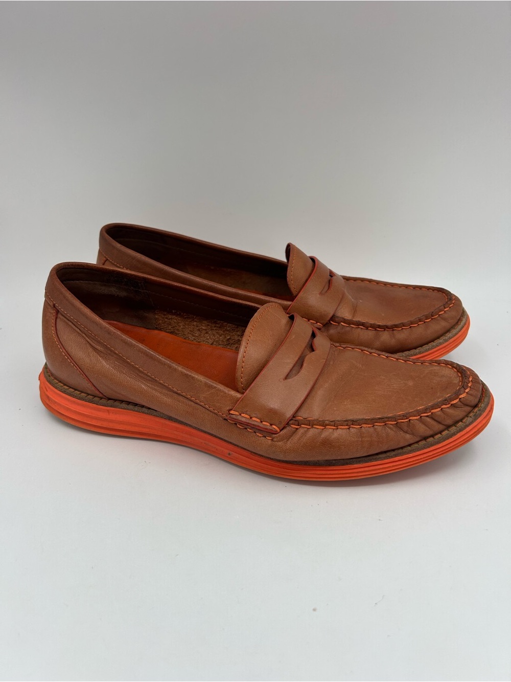 Cole Haan LunarGrand Shoes Womens Size 7.5 Brown Leather Loafer Orange Sole